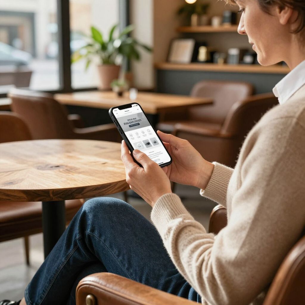Woman using a smartphone at a cafe, seated at a wooden table, with coffee shop interior visible in the background.