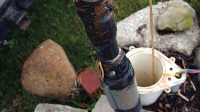 White bucket beside a dark pole on rocky ground, with a tan rock and mossy stones nearby