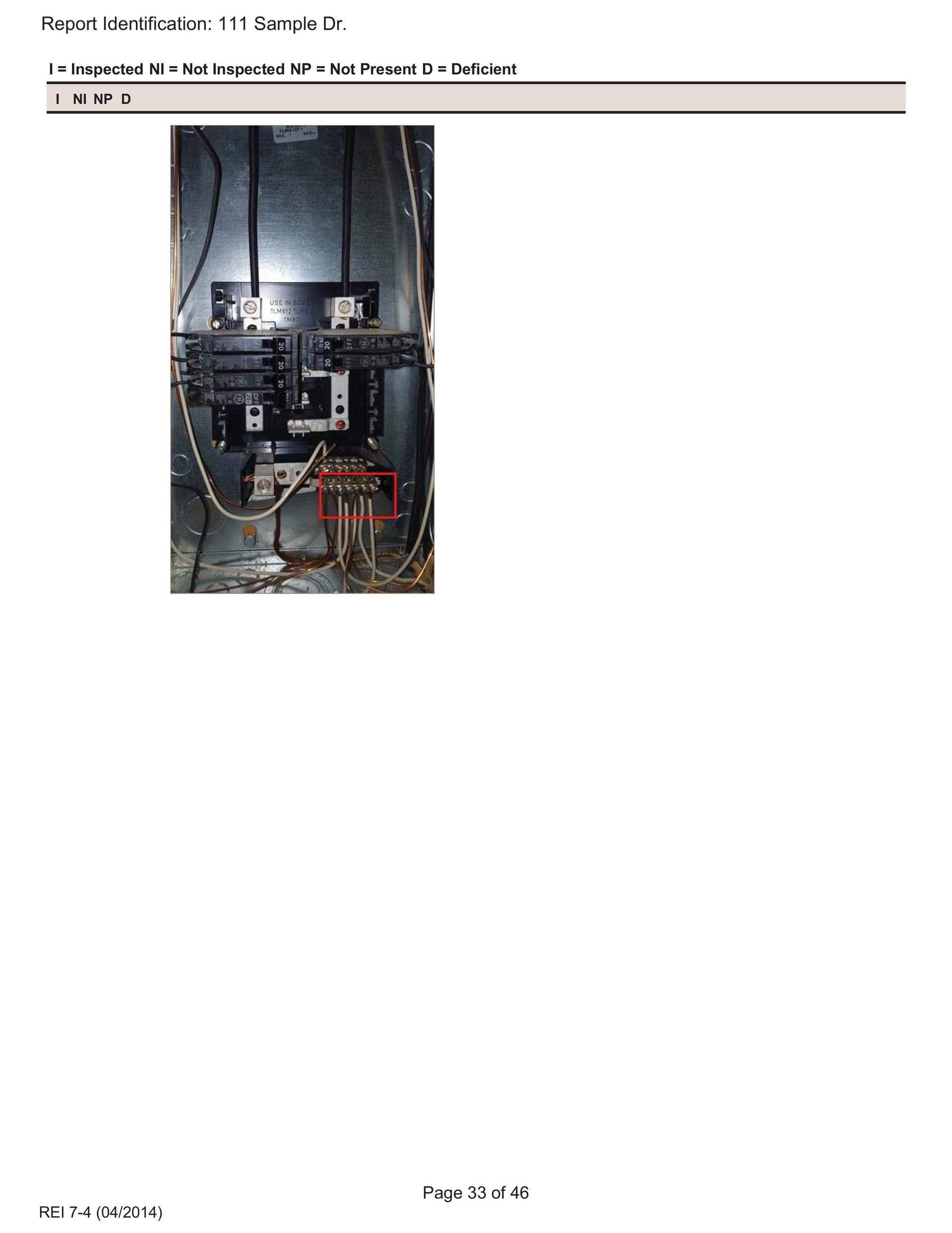 An electrical service panel with a red box highlighting the neutral-ground bonding bar and wire connections.