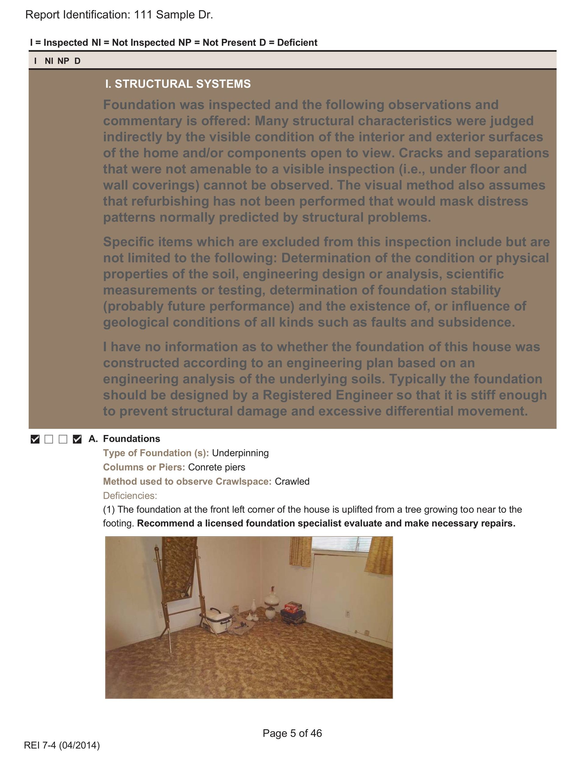 A snippet of a home inspection report titled
