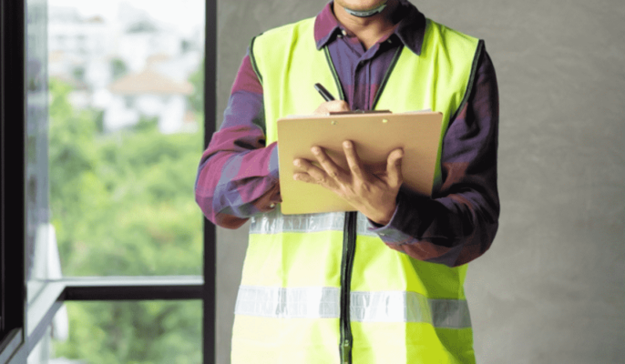 A construction inspector in a yellow safety vest writing on a clipboard in an indoor space with a window view.