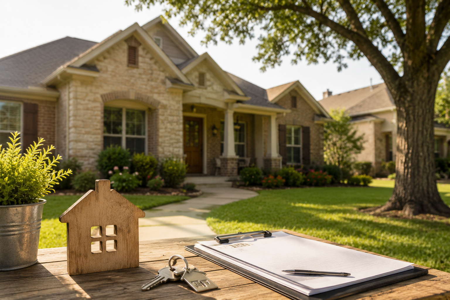 Moving boxes and a toy house on a lawn in front of a suburban home