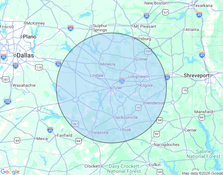 Google map with a large blue circle centered over east Texas and northwest Louisiana, near Shreveport and Dallas