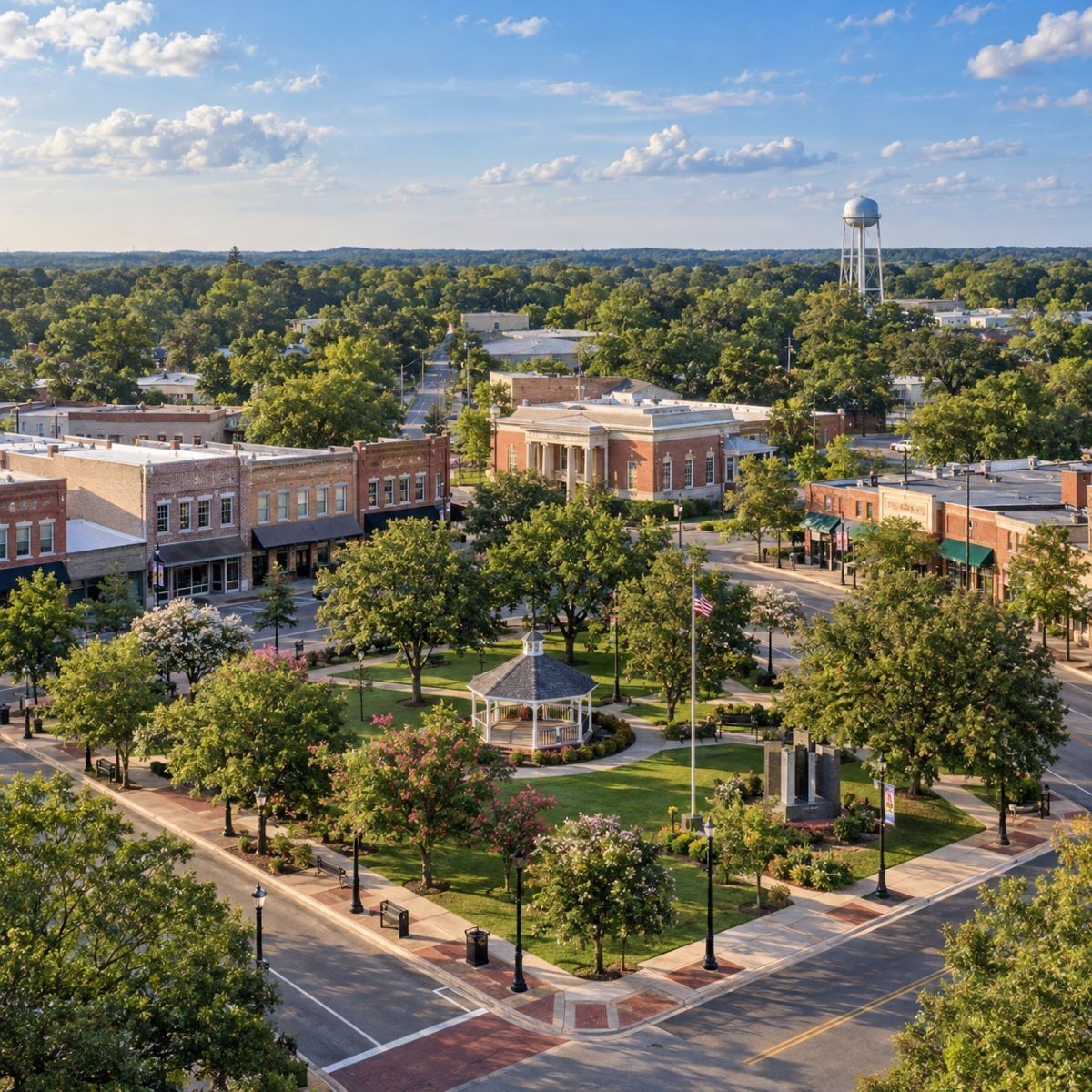 Aerial view of a small town square with a gazebo, brick buildings, trees, and a water tower in the distance
