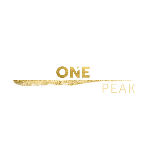 Gold “ONE PEAK” logo with a thin horizontal line on a white background