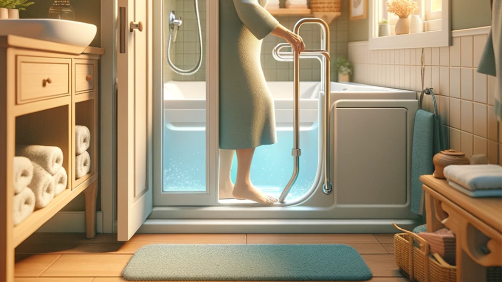 an elderly woman is walking into a walk-in bathtub.