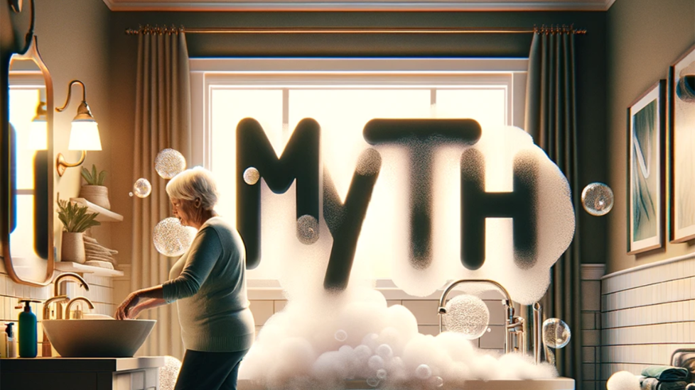 an elderly woman is washing her hands in a bathroom .