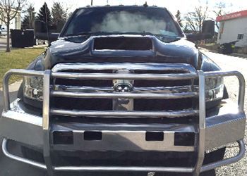 a black truck with a grille and bumper is parked on the side of the road .