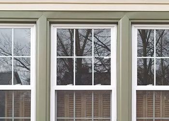 a close up of three windows on a house with trees reflected in the windows .