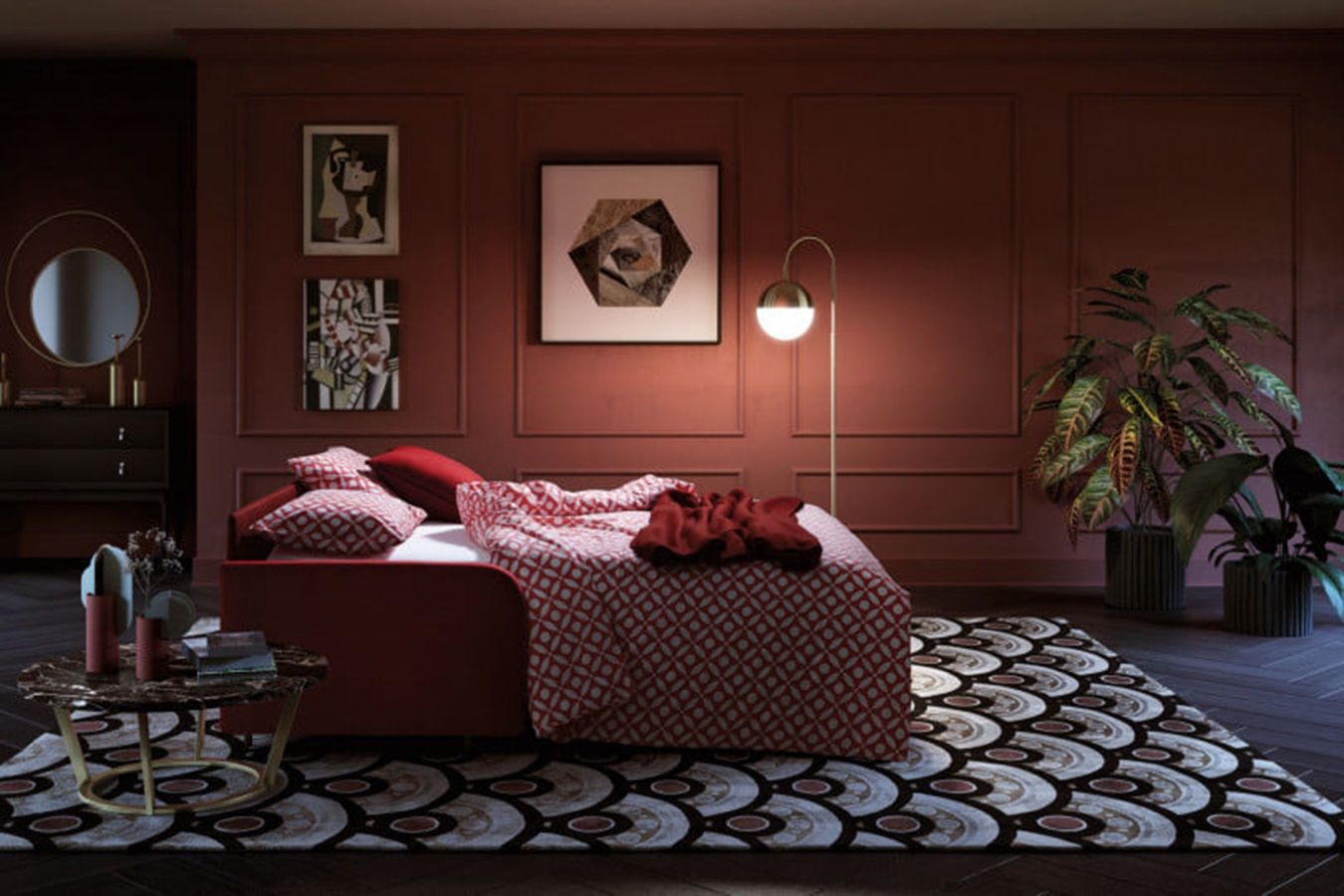 Camera da letto rossa con letto, opere d'arte e piante. Pareti rosso scuro, tappeto a fantasia e dettagli dorati.