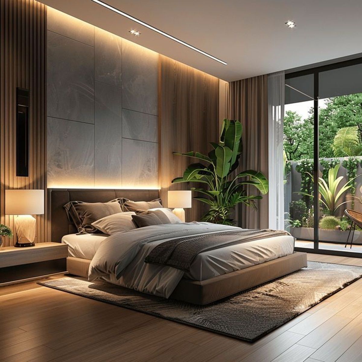 Lussuosa camera da letto con un letto matrimoniale, comodini e un balcone con piante. Luci soffuse e colori neutri creano un'atmosfera rilassante.