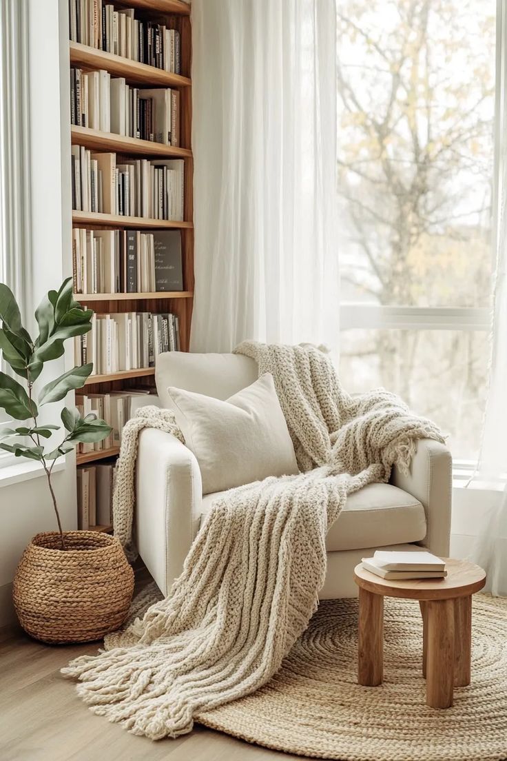 Accogliente angolo lettura con poltrona bianca, coperta in maglia spessa e libreria. Un tavolino in legno e una pianta in un cesto intrecciato completano l'ambiente.