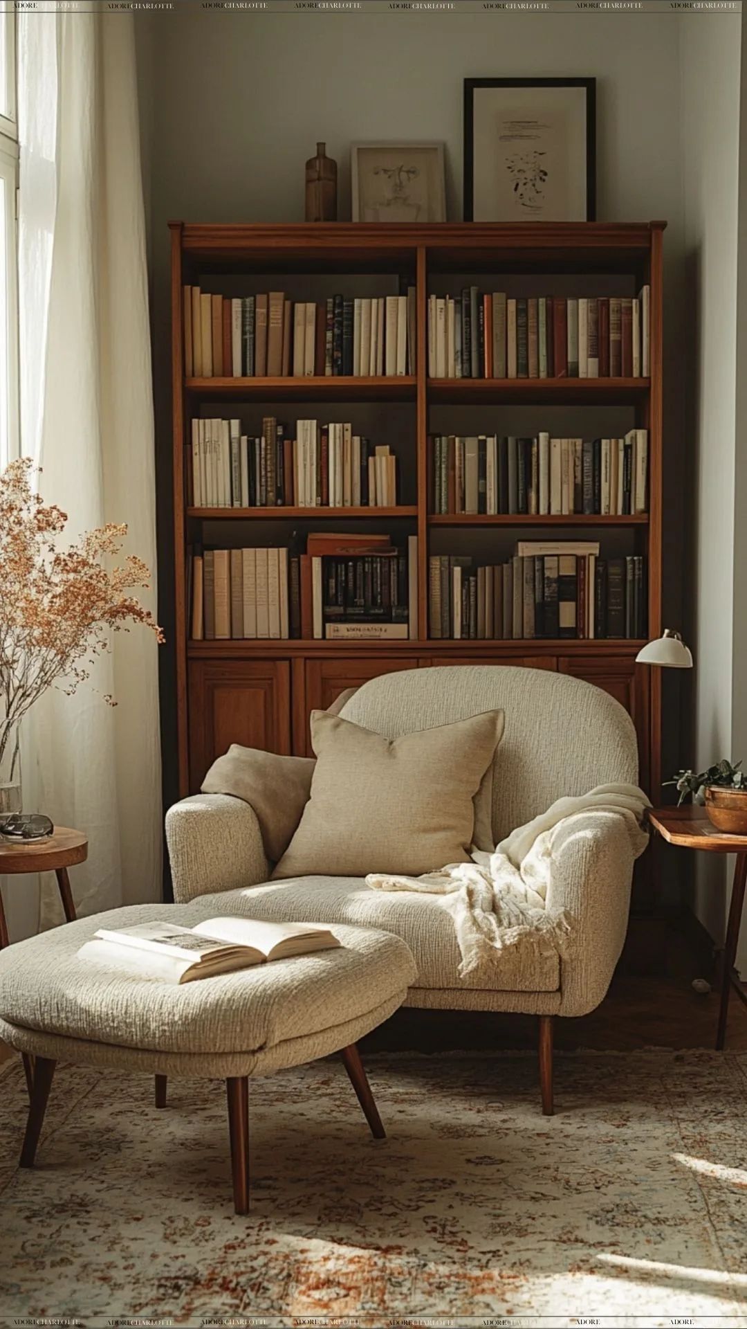 Accogliente angolo lettura con poltrona color crema e pouf di fronte a una libreria in legno piena di libri. La luce del sole filtra attraverso una finestra.
