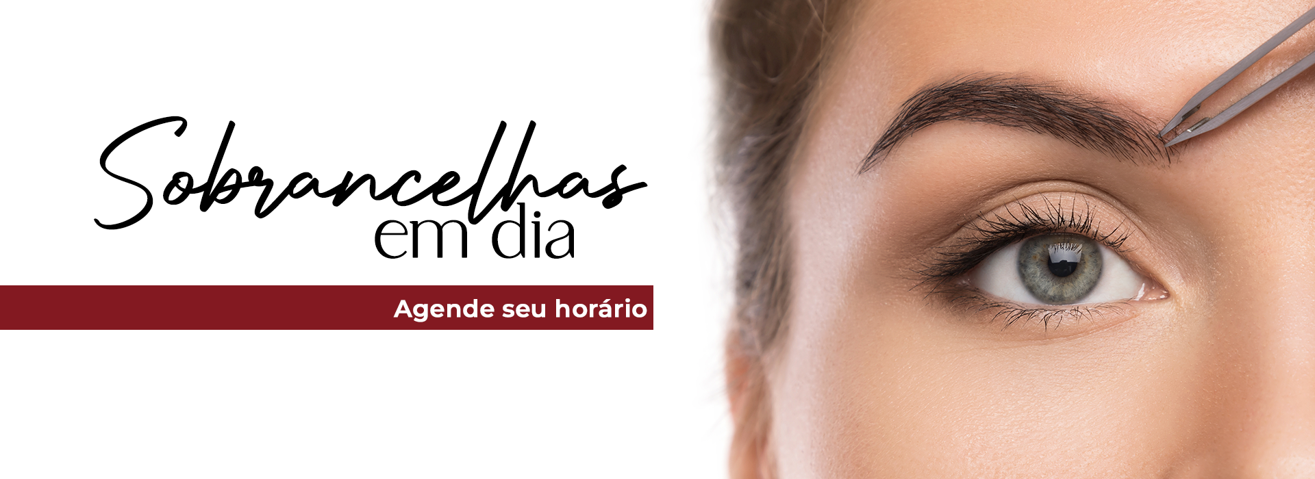 Close do olho e da sobrancelha de uma mulher sendo feito com pinça. O texto diz 