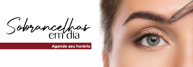 Close do olho e da sobrancelha de uma mulher sendo feito com pinça. O texto diz 