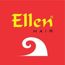 Logotipo da Ellen Hair com texto amarelo sobre fundo vermelho e um desenho de redemoinho branco.