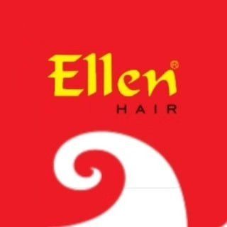 Logotipo da Ellen Hair com texto amarelo sobre fundo vermelho e um desenho de redemoinho branco.