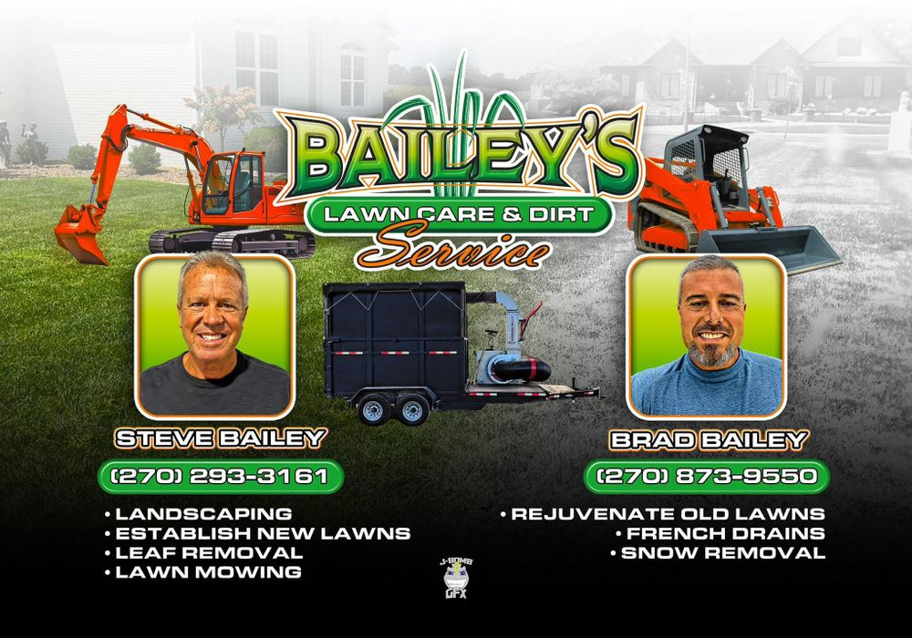 Advertisement for Bailey's Lawncare & Dirt Service with two men and equipment. Services include landscaping and snow removal.
