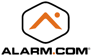 Alarm.com logo with black hexagon outline and orange stylized mark above the wordmark