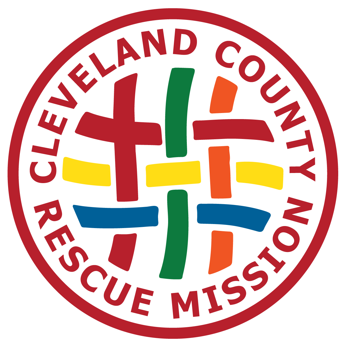 Cleveland County Rescue Mission circular logo in red with multicolored cross-like blocks on white background