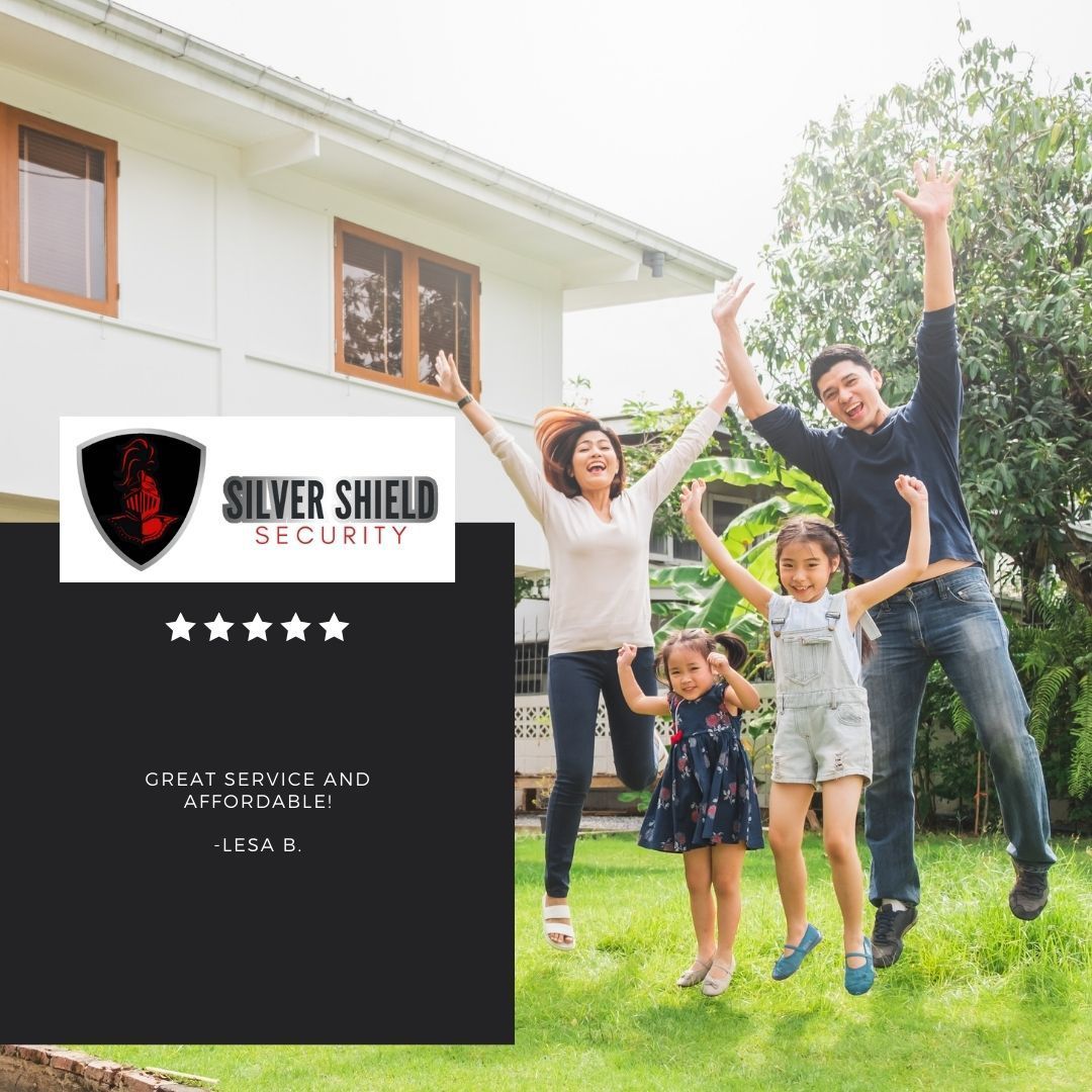 Family jumping in a sunny lawn beside a house, with a Silver Shield Security ad panel on the left.