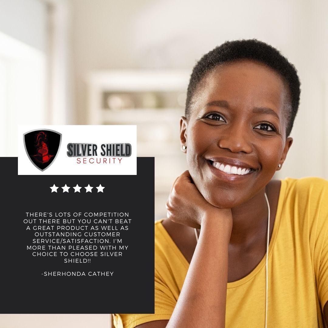 Smiling woman beside Silver Shield Security ad with shield logo and star rating.