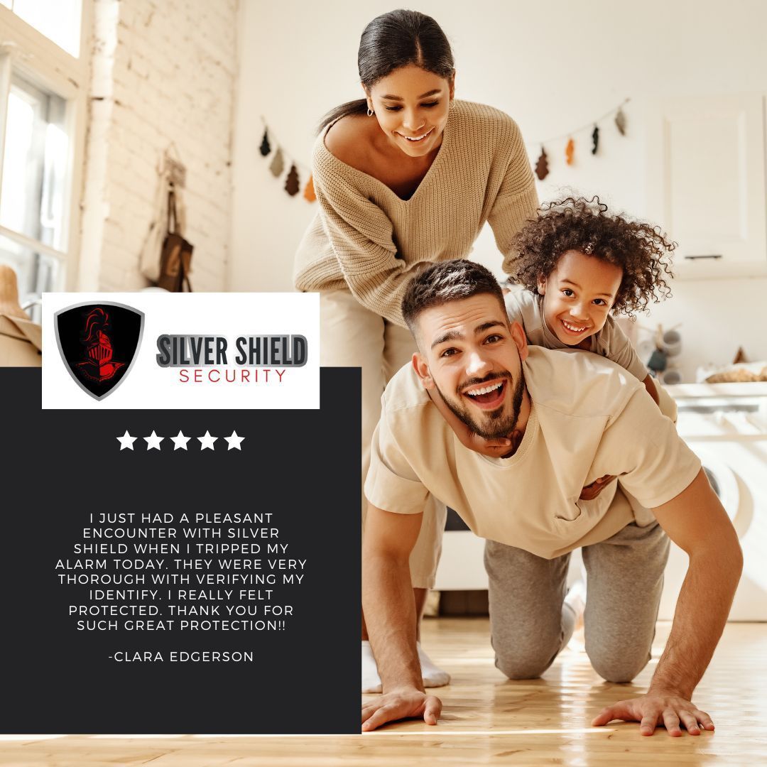 Family posing in a bright home beside Silver Shield Security ad with shield logo and star rating