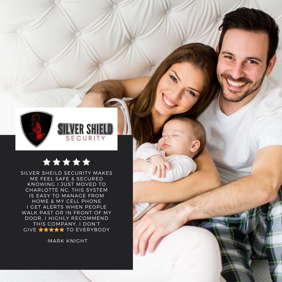 Silver Shield Security ad with smiling family on a white couch and black text panel