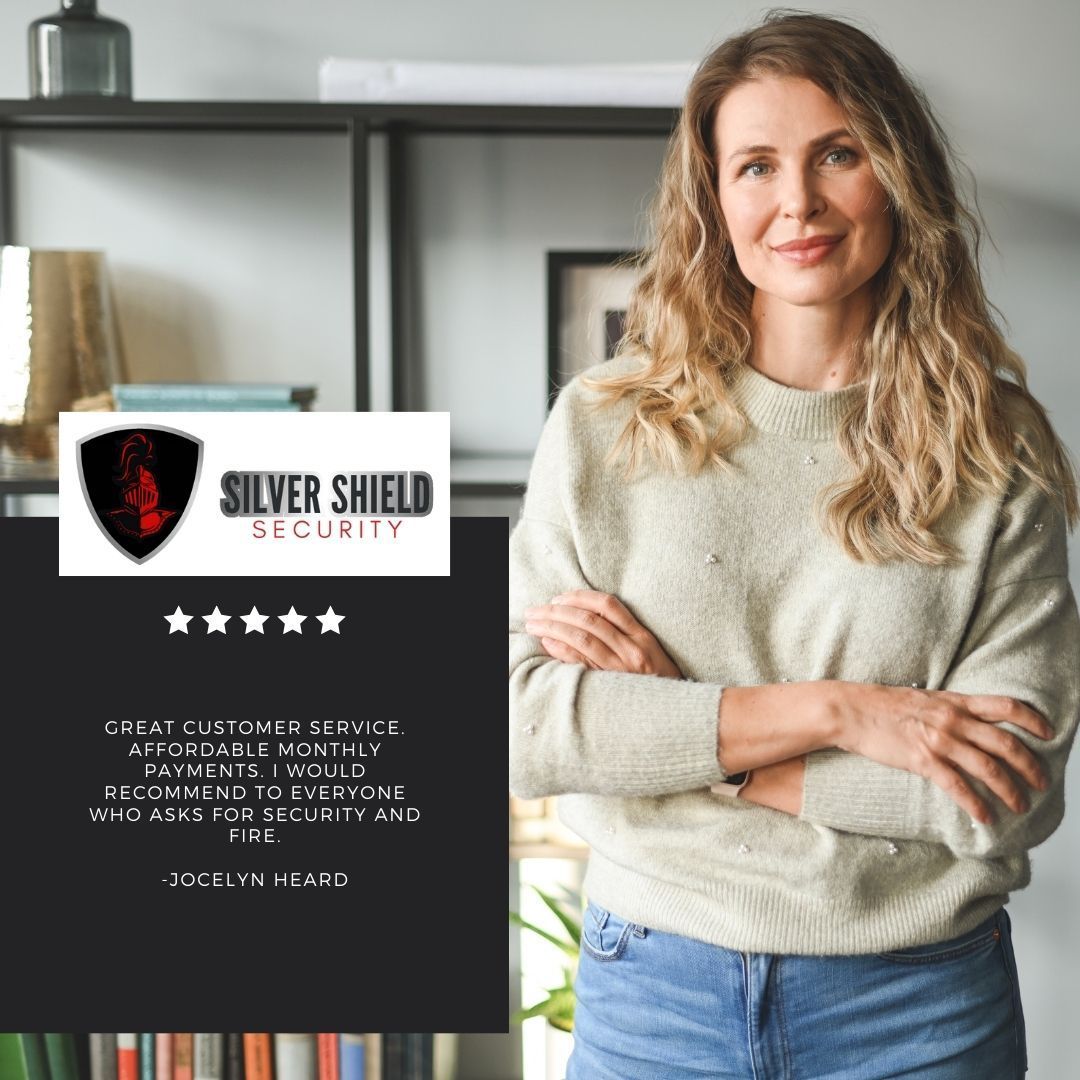 Silver Shield Security ad with smiling woman beside logo and five-star rating.