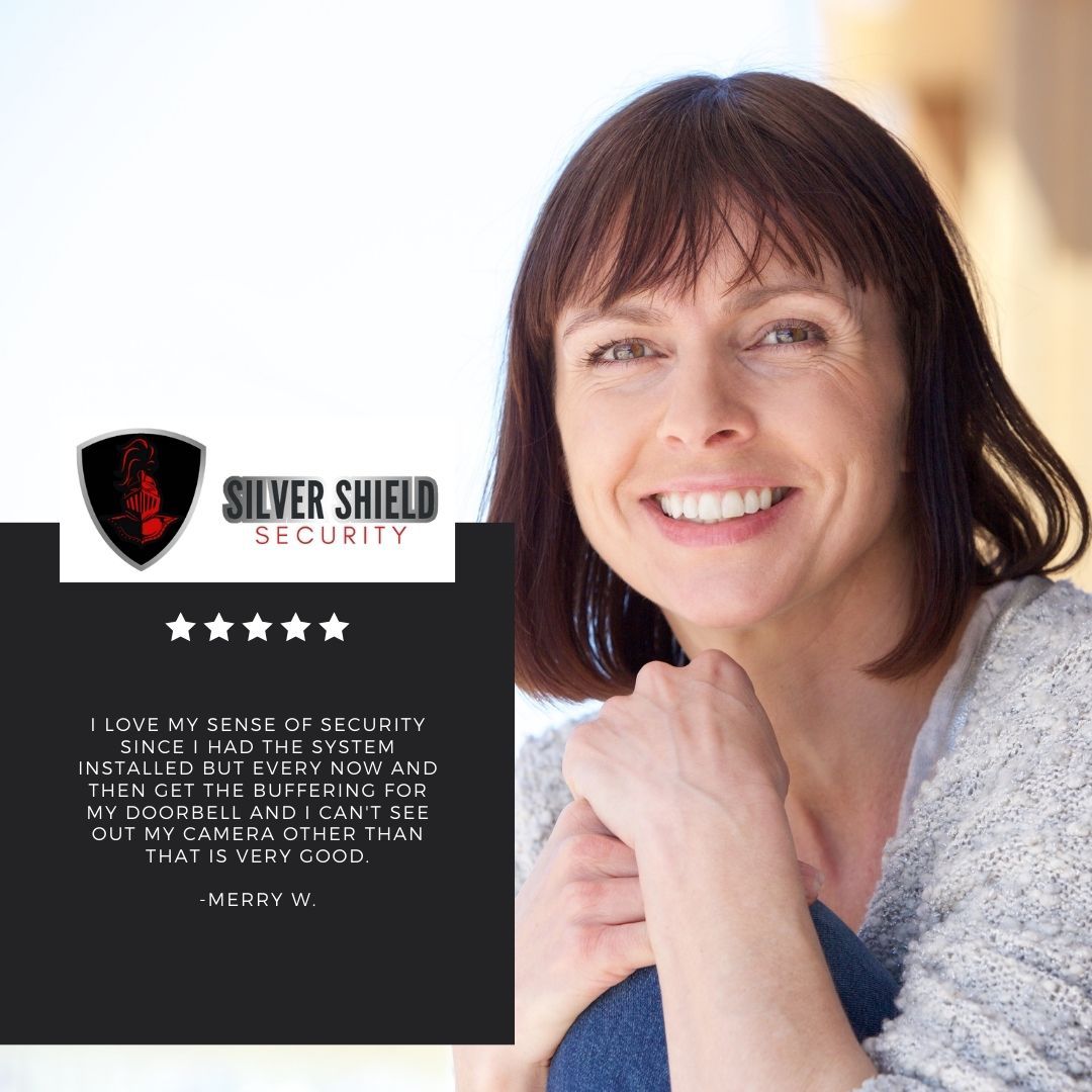 Smiling woman beside Silver Shield Security logo and five-star rating graphic