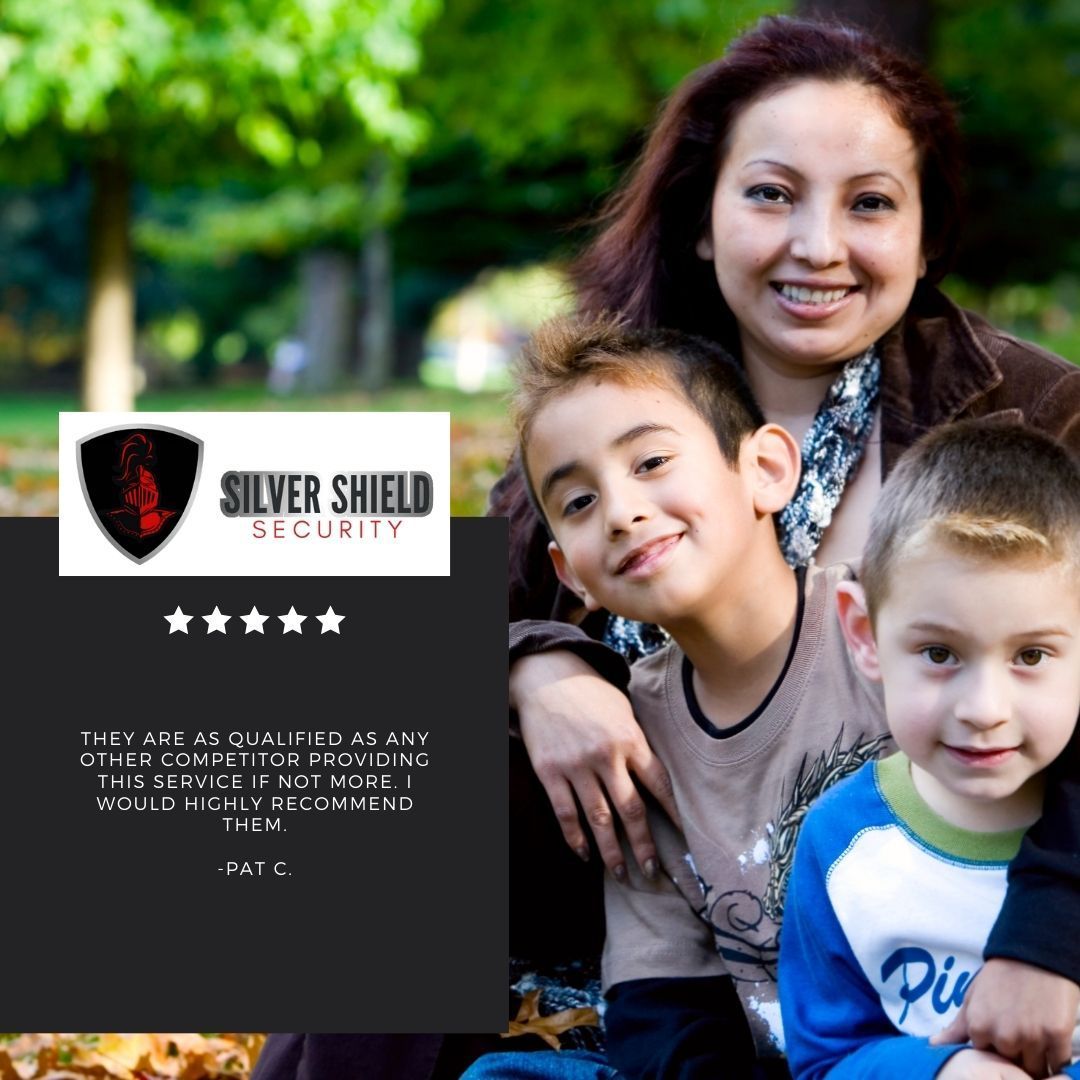 Woman and two boys smiling beside Silver Shield Security logo and text overlay