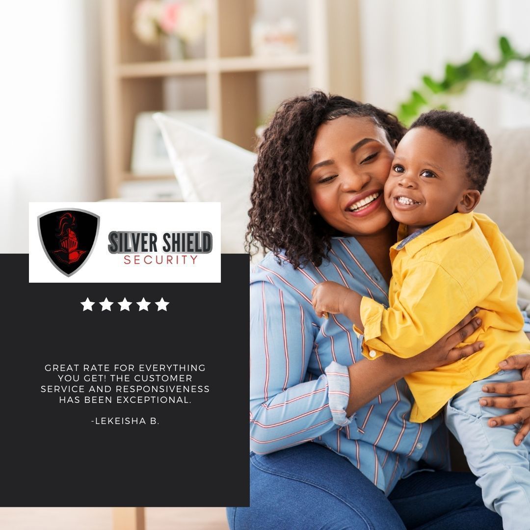Silver Shield Security ad with smiling parent and child on couch, logo and five stars on dark panel