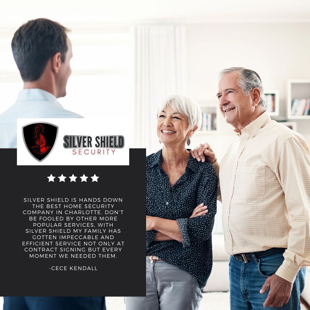 Silver Shield Security ad with smiling couple and agent in bright living room, shield logo and rating banner