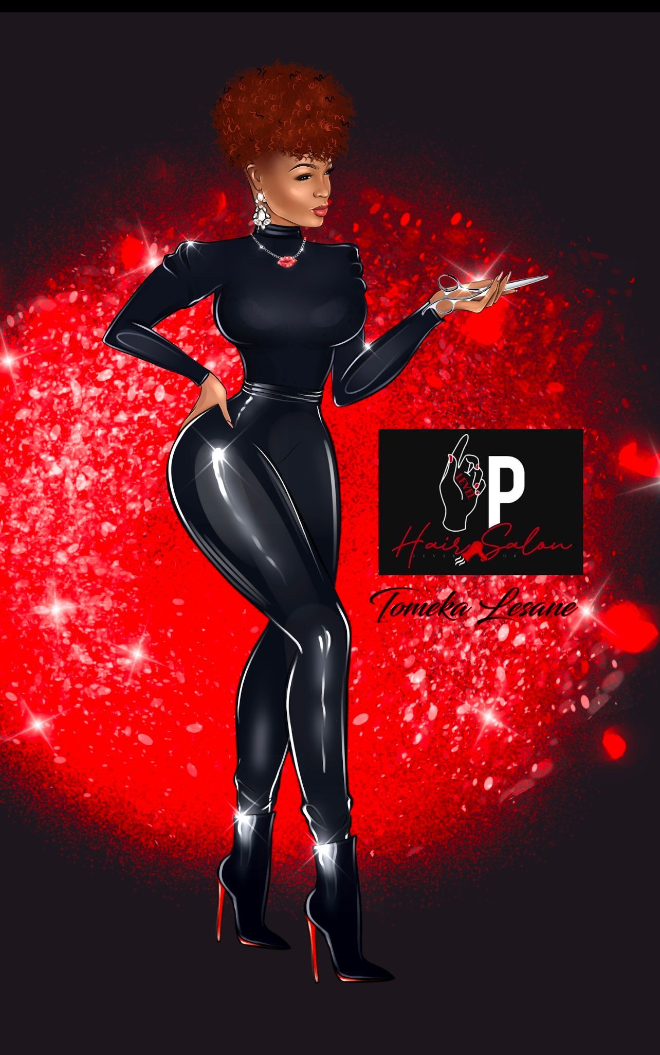 Stylized figure in black outfit posing against a bright red background with a small logo plaque nearby