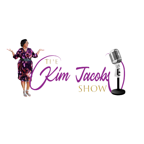 The Kim Jacobs Show logo with a woman and a vintage microphone on a white background