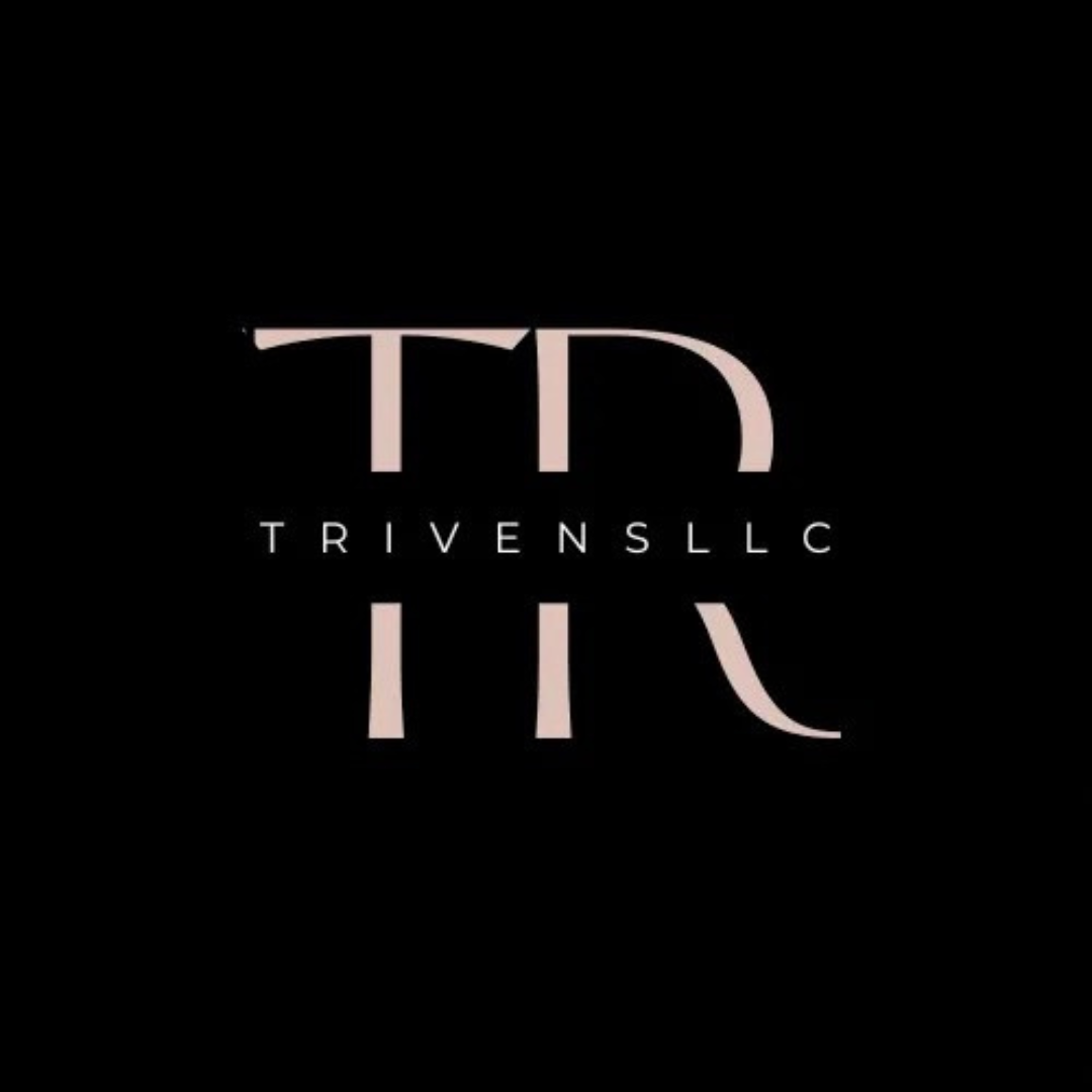 Black background with a pale pink TR monogram and the word TRIVENS LLC centered.