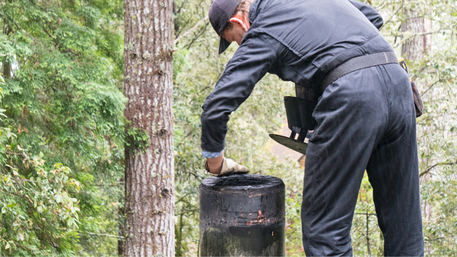 A man is standing next to a trash can in the woods.