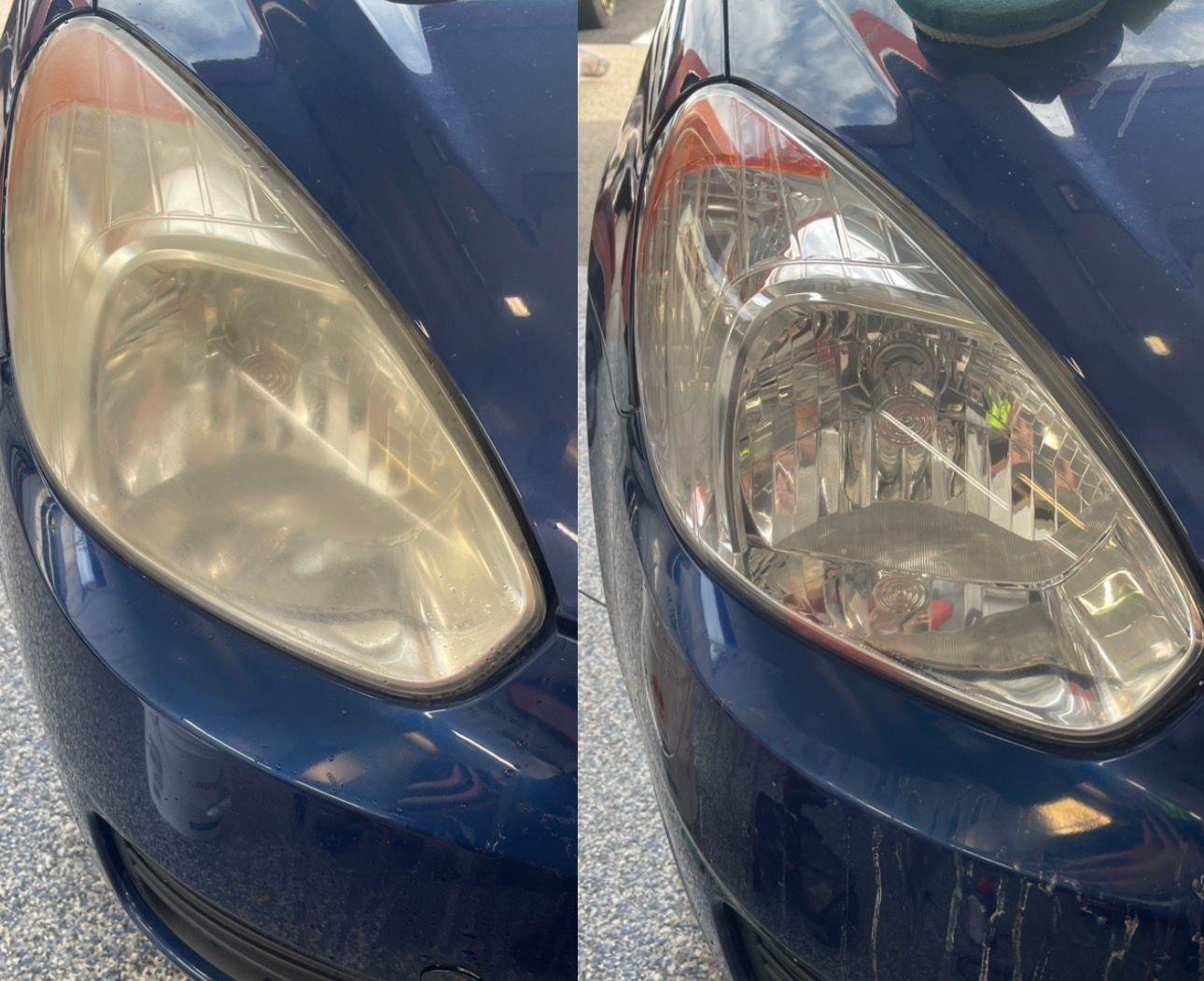 Side-by-side car headlights: left cloudy and yellowed, right clear and restored on a blue vehicle.