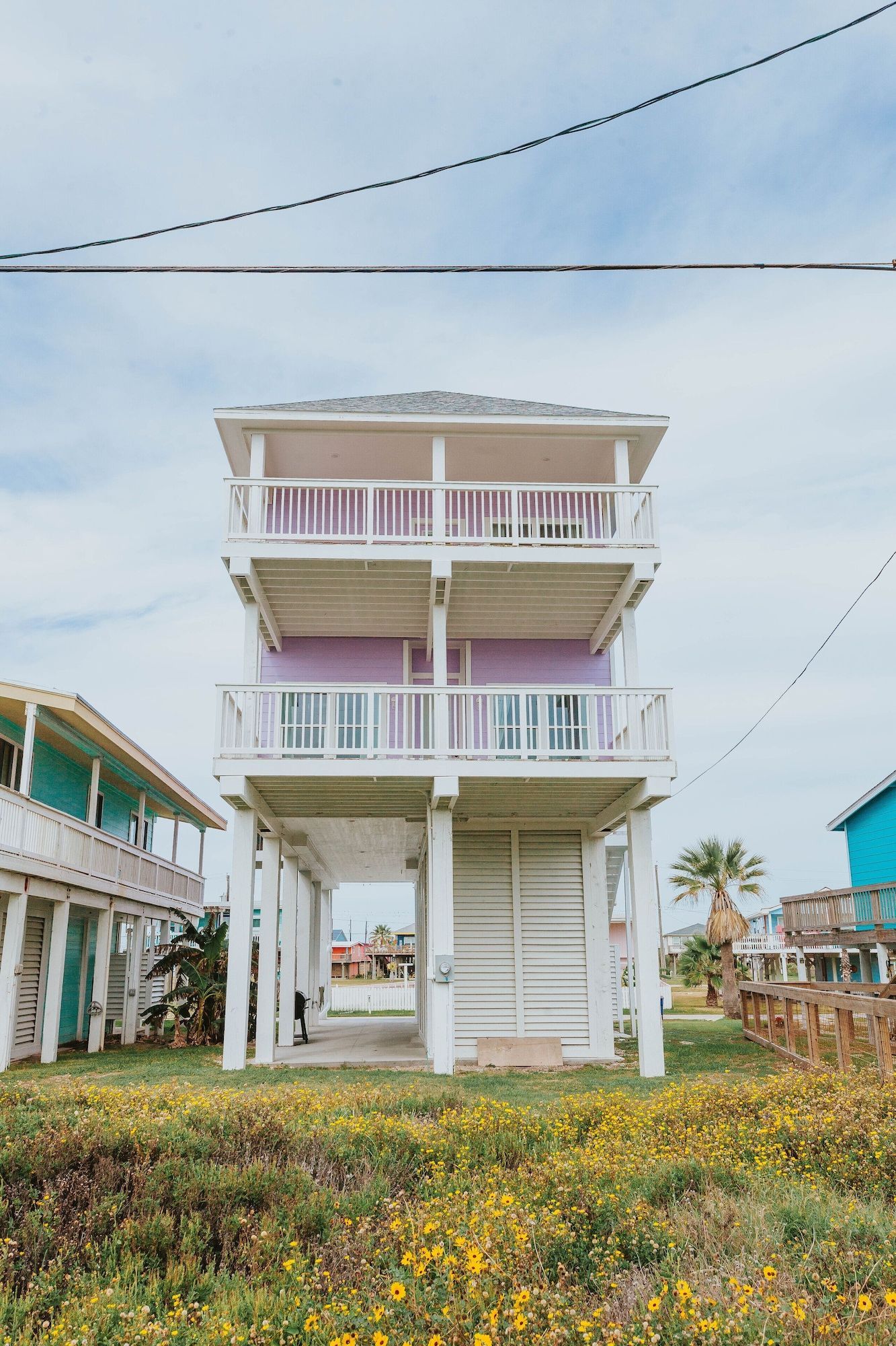 A stilted, pastel purple beach house with white railings, flanked by blue homes above a field of yellow wildflowers.