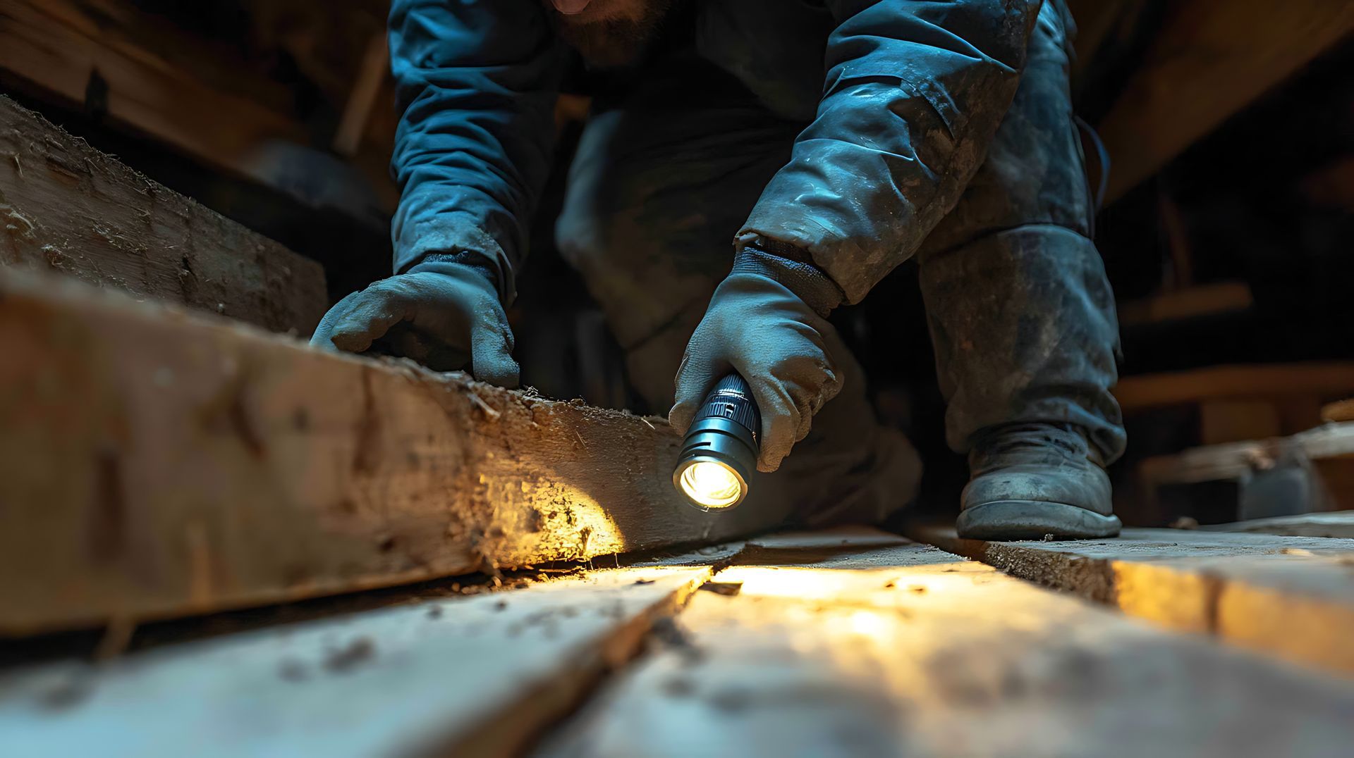 Technician searches for timber rot during a routine check by a home pest control company. Technician searches for timber rot during a routine check by a home pest control company.
