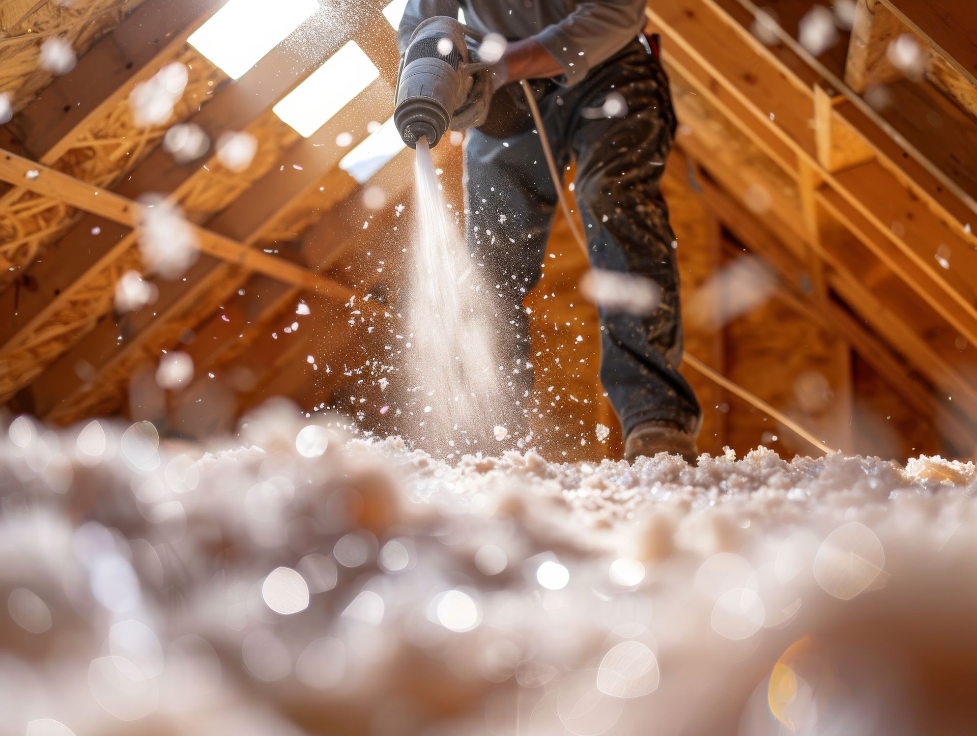 Person spraying insulation into an attic. Person spraying insulation into an attic.