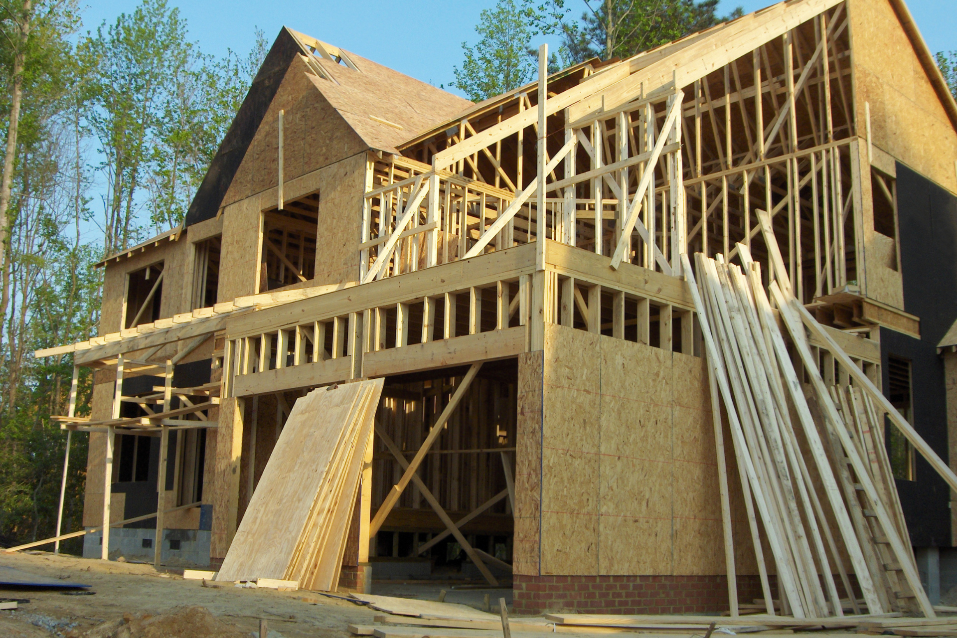 New construction build. Home being built only exterior framing visible.