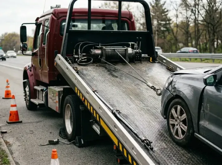 Tow truck loading a gray car on a wet road with orange cones nearby