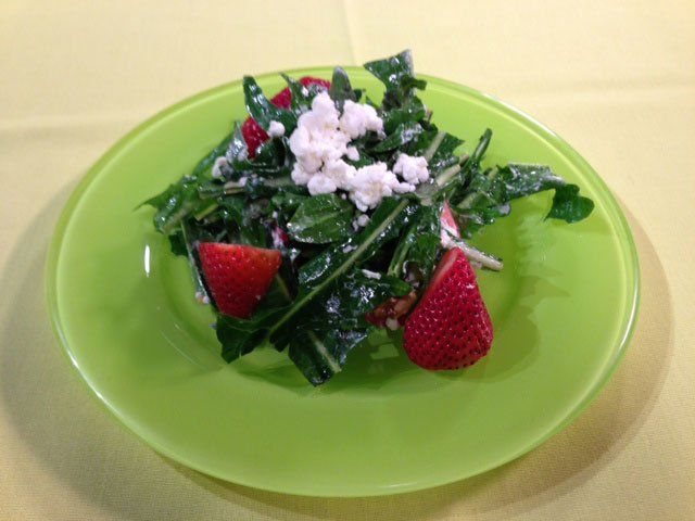 Dandelion Greens with Strawberries, Walnuts and Goat Cheese