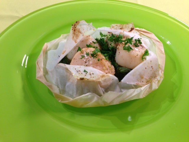 Parchment Baked Scallops with Spring Vegetables
