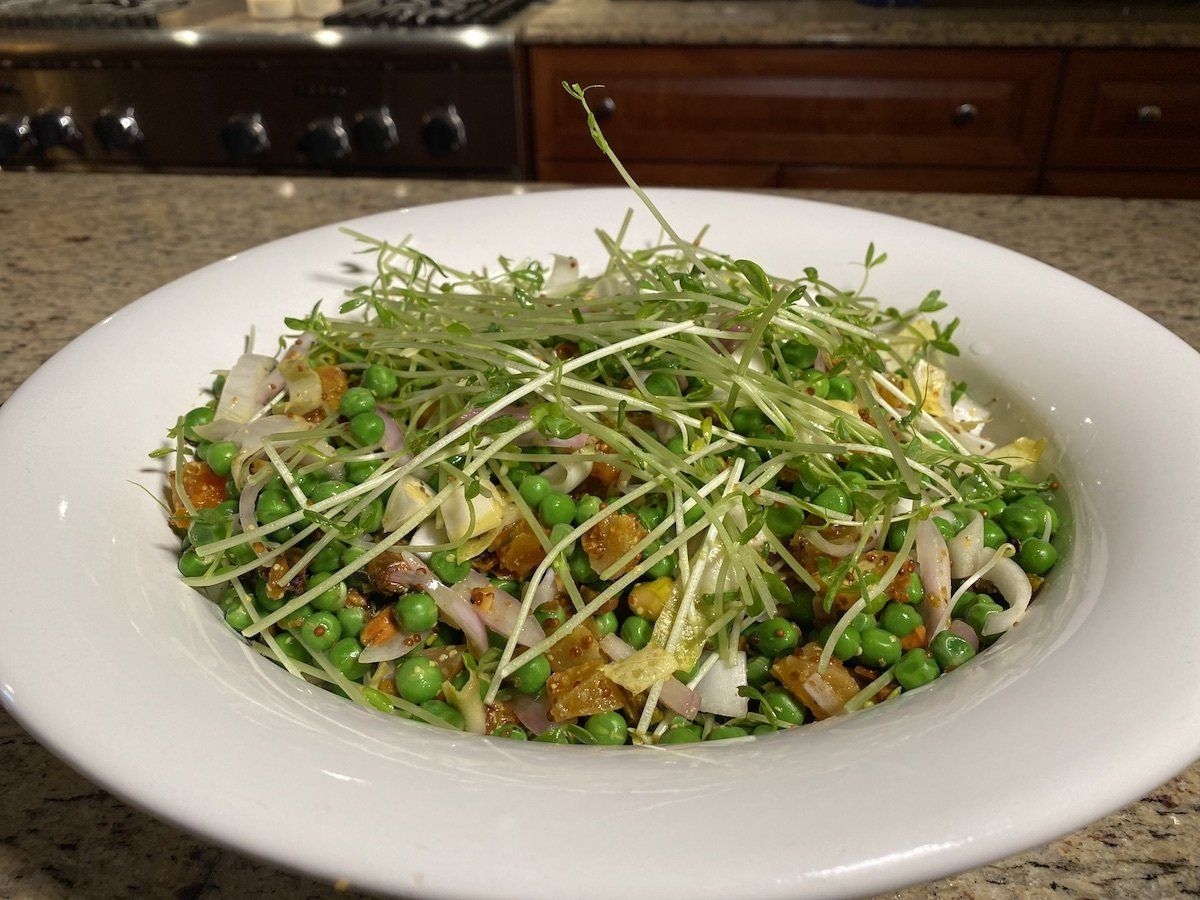Pea Green Salad with warm Apricot Pistachio Vinaigrette