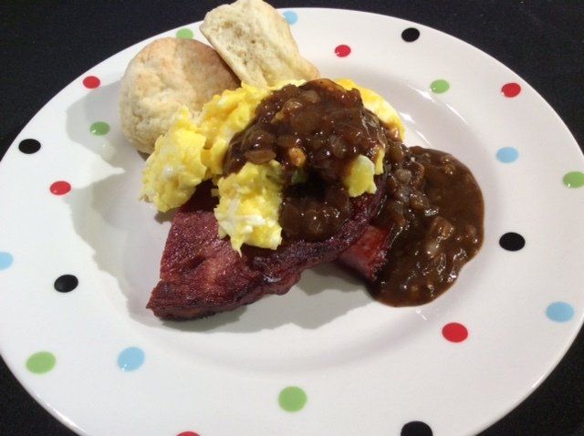 Scrambled Eggs with Buttermilk Sweet Potato Biscuits, Ham and Red Eye Gravy