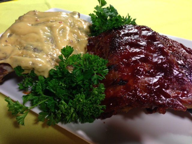 Barbecued Baby Back with Red Sauce and Mustard Sauce