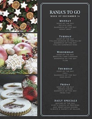 A menu for a restaurant called rania 's to go