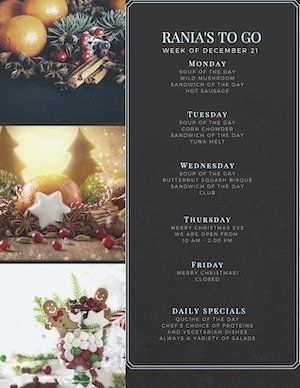 A menu for rani 's to go week of december 21
